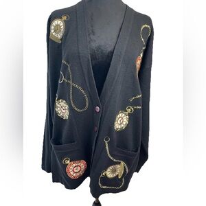 Jones New York VTG 1990s deep V ladies cardigan sweater size LG appliqués clocks